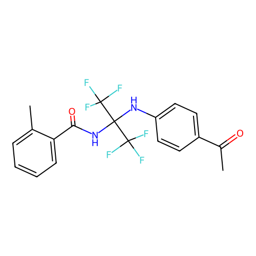 N-(2-((4-acetylphenyl)amino)-1,1,1,3,3,3-hexafluoropropan-2-yl)-2-methylbenzamide structure