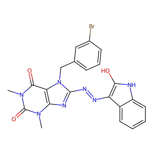 7-[(3-bromophenyl)methyl]-1,3-dimethyl-8-[2-(2-oxoindol-3-yl)hydrazinyl]purine-2,6-dione structure