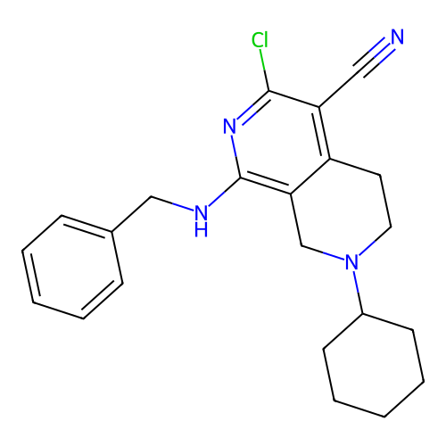 1-(benzylamino)-3-chloro-7-cyclohexyl-5,6,7,8-tetrahydro-2,7-naphthyridine-4-carbonitrile structure
