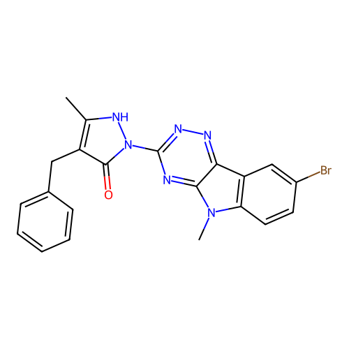 4-benzyl-2-(8-bromo-5-methyl-[1,2,4]triazino[5,6-b]indol-3-yl)-5-methyl-1H-pyrazol-3-one structure
