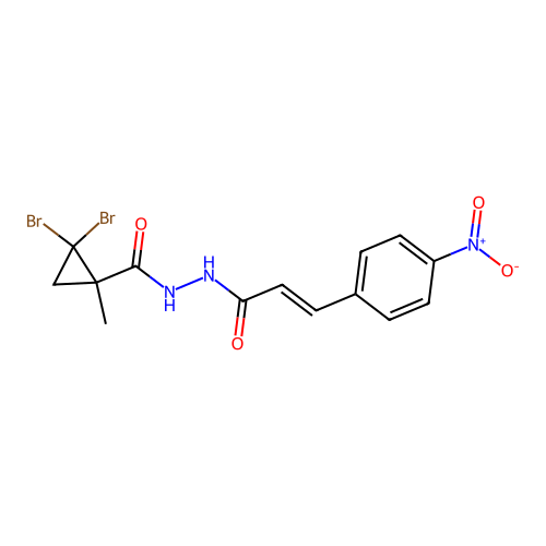 (E)-2,2-dibromo-1-methyl-N'-(3-(4-nitrophenyl)acryloyl)cyclopropanecarbohydrazide structure