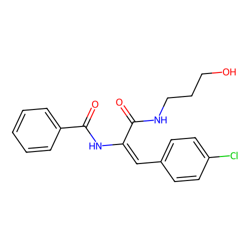 (E)-N-(1-(4-chlorophenyl)-3-((3-hydroxypropyl)amino)-3-oxoprop-1-en-2-yl)benzamide structure