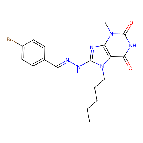 8-[(2E)-2-[(4-bromophenyl)methylidene]hydrazinyl]-3-methyl-7-pentylpurine-2,6-dione structure