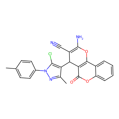 2-amino-4-[5-chloro-3-methyl-1-(4-methylphenyl)-1H-pyrazol-4-yl]-5-oxo-4H,5H-pyrano[3,2-c]chromene-3-carbonitrile structure