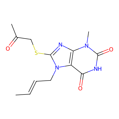 7-[(E)-but-2-enyl]-3-methyl-8-(2-oxopropylsulfanyl)purine-2,6-dione structure