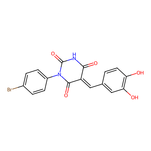 (E)-1-(4-bromophenyl)-5-(3,4-dihydroxybenzylidene)pyrimidine-2,4,6(1H,3H,5H)-trione structure
