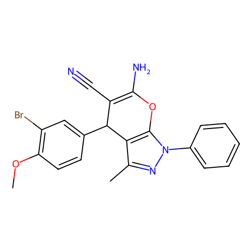 6-amino-4-(3-bromo-4-methoxyphenyl)-3-methyl-1-phenyl-1,4-dihydropyrano[2,3-c]pyrazole-5-carbonitrile structure