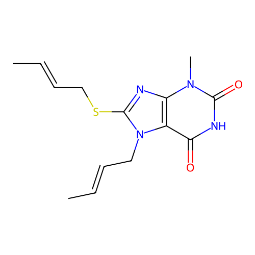 7-[(E)-but-2-enyl]-8-[(E)-but-2-enyl]sulfanyl-3-methylpurine-2,6-dione structure