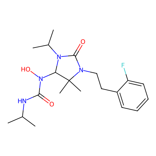 1-(1-(2-fluorophenethyl)-3-isopropyl-5,5-dimethyl-2-oxoimidazolidin-4-yl)-1-hydroxy-3-isopropylurea structure