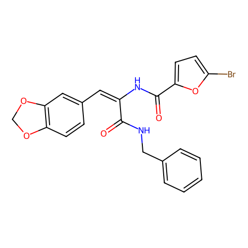 (E)-N-(1-(benzo[d][1,3]dioxol-5-yl)-3-(benzylamino)-3-oxoprop-1-en-2-yl)-5-bromofuran-2-carboxamide structure