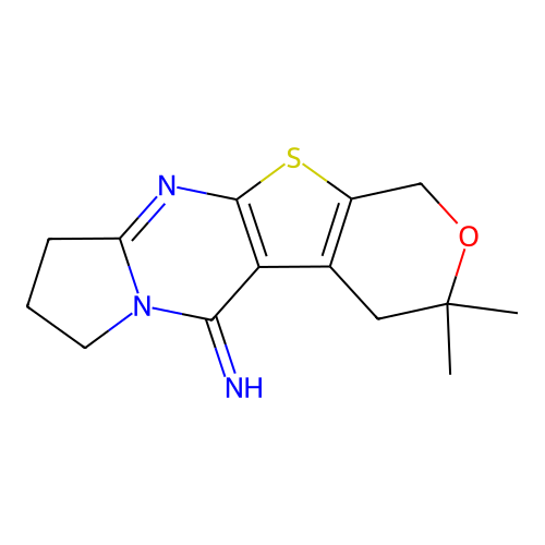 3,3-dimethyl-1,3,4,7,8,9-hexahydro-5H-pyrano[4',3':4,5]thieno[2,3-d]pyrrolo[1,2-a]pyrimidin-5-imine structure