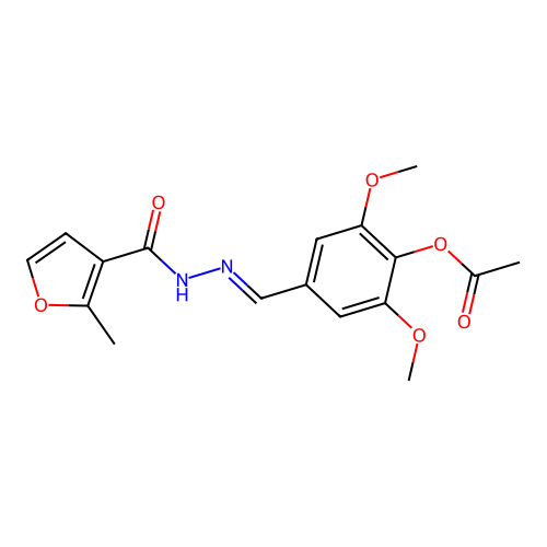 (E)-2,6-dimethoxy-4-((2-(2-methylfuran-3-carbonyl)hydrazono)methyl)phenyl acetate structure
