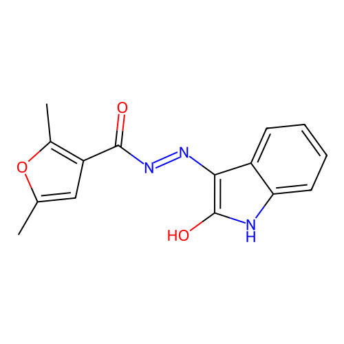 2,5-dimethyl-N'-(2-oxoindol-3-yl)furan-3-carbohydrazide structure