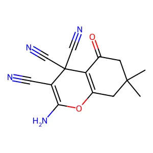 2-amino-7,7-dimethyl-5-oxo-5,6,7,8-tetrahydro-4H-chromene-3,4,4-tricarbonitrile structure