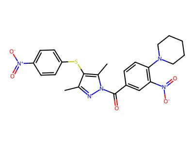 1-(4-{3,5-dimethyl-4-[(4-nitrophenyl)sulfanyl]-1H-pyrazole-1-carbonyl}-2-nitrophenyl)piperidine structure