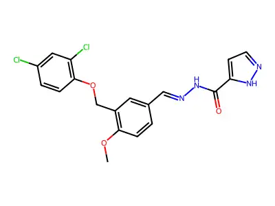 N-[(E)-[3-[(2,4-dichlorophenoxy)methyl]-4-methoxyphenyl]methylideneamino]-1H-pyrazole-5-carboxamide structure