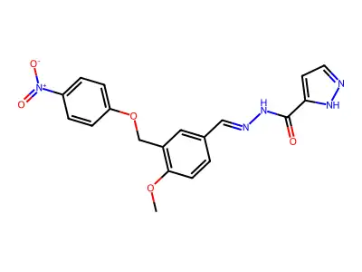 N-[(E)-[4-methoxy-3-[(4-nitrophenoxy)methyl]phenyl]methylideneamino]-1H-pyrazole-5-carboxamide structure
