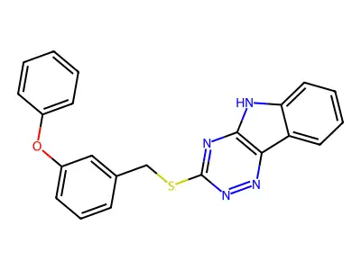 3-[(3-phenoxyphenyl)methylsulfanyl]-5H-[1,2,4]triazino[5,6-b]indole structure