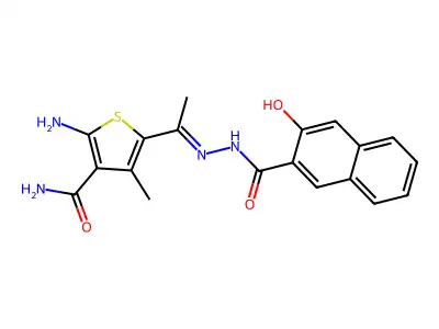 2-amino-5-[N-(3-hydroxy-2-naphthoyl)ethanehydrazonoyl]-4-methyl-3-thiophenecarboxamide structure