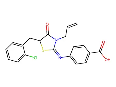 (E)-4-((3-allyl-5-(2-chlorobenzyl)-4-oxothiazolidin-2-ylidene)amino)benzoic acid structure