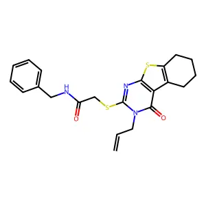 N-benzyl-2-{[3-oxo-4-(prop-2-en-1-yl)-8-thia-4,6-diazatricyclo[7.4.0.0^{2,7}]trideca-1(9),2(7),5-trien-5-yl]sulfanyl}acetamide structure