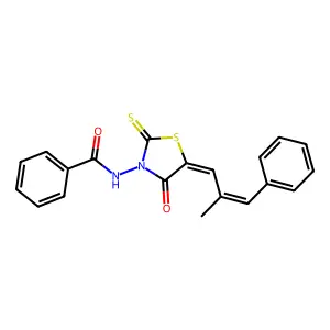 N-[5-(2-methyl-3-phenyl-2-propenylidene)-4-oxo-2-thioxo-1,3-thiazolidin-3-yl]benzamide structure