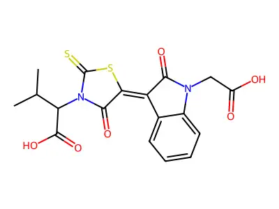 (Z)-2-(5-(1-(carboxymethyl)-2-oxoindolin-3-ylidene)-4-oxo-2-thioxothiazolidin-3-yl)-3-methylbutanoic acid structure