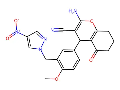 2-amino-4-{4-methoxy-3-[(4-nitro-1H-pyrazol-1-yl)methyl]phenyl}-5-oxo-5,6,7,8-tetrahydro-4H-chromene-3-carbonitrile structure