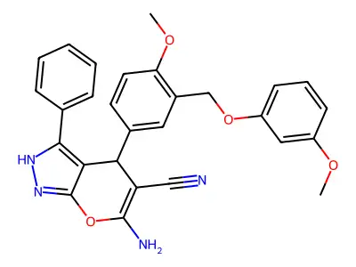 6-amino-4-{4-methoxy-3-[(3-methoxyphenoxy)methyl]phenyl}-3-phenyl-1,4-dihydropyrano[2,3-c]pyrazole-5-carbonitrile structure