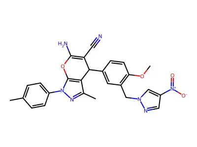 6-amino-4-[4-methoxy-3-[(4-nitropyrazol-1-yl)methyl]phenyl]-3-methyl-1-(4-methylphenyl)-4H-pyrano[2,3-c]pyrazole-5-carbonitrile structure