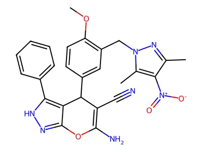 6-amino-4-[3-[(3,5-dimethyl-4-nitropyrazol-1-yl)methyl]-4-methoxyphenyl]-3-phenyl-2,4-dihydropyrano[2,3-c]pyrazole-5-carbonitrile structure