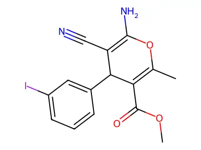 methyl 6-amino-5-cyano-4-(3-iodophenyl)-2-methyl-4H-pyran-3-carboxylate structure