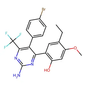 2-(2-amino-5-(4-bromophenyl)-6-(trifluoromethyl)pyrimidin-4-yl)-4-ethyl-5-methoxyphenol structure