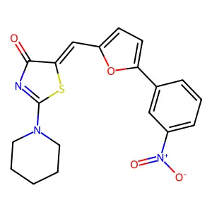 (E)-5-((5-(3-nitrophenyl)furan-2-yl)methylene)-2-(piperidin-1-yl)thiazol-4(5H)-one structure