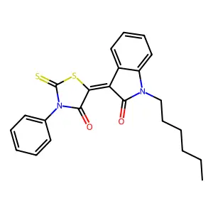 (3Z)-1-hexyl-3-(4-oxo-3-phenyl-2-thioxo-1,3-thiazolidin-5-ylidene)-1,3-dihydro-2H-indol-2-one structure