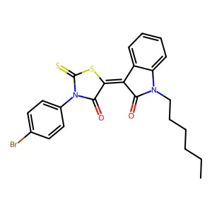 (3Z)-3-[3-(4-bromophenyl)-4-oxo-2-thioxo-1,3-thiazolidin-5-ylidene]-1-hexyl-1,3-dihydro-2H-indol-2-one structure