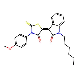 (3Z)-1-hexyl-3-[3-(4-methoxyphenyl)-4-oxo-2-thioxo-1,3-thiazolidin-5-ylidene]-1,3-dihydro-2H-indol-2-one structure