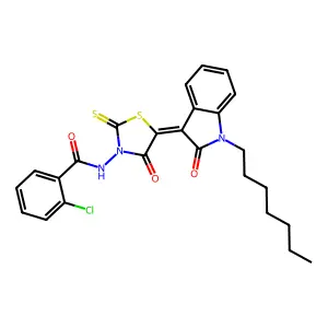 2-chloro-N-[(5Z)-5-(1-heptyl-2-oxo-1,2-dihydro-3H-indol-3-ylidene)-4-oxo-2-thioxo-1,3-thiazolidin-3-yl]benzamide structure