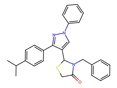 3-Benzyl-2-[1-phenyl-3-(4-propan-2-ylphenyl)pyrazol-4-yl]-1,3-thiazolidin-4-one structure