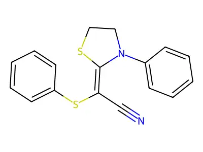 2-Phenylthio-2-(3-phenyl-1,3-thiazolidine-2-yliden)acetonitrile structure