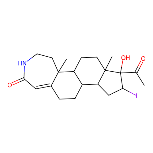 8-acetyl-8-hydroxy-9-iodo-5a,7a-dimethyl-4,5,5a,5b,6,7,7a,8,9,10,10a,10b,11,12-tetradecahydrocyclopenta[5,6]naphtho[1,2-d]azepin-2(3h)-one structure