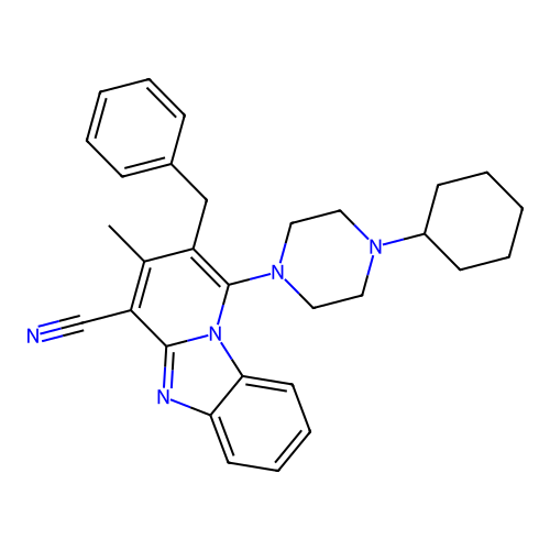 2-benzyl-1-(4-cyclohexylpiperazin-1-yl)-3-methylpyrido[1,2-a]benzimidazole-4-carbonitrile structure