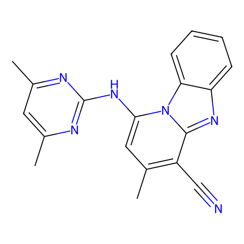 1-[(4,6-dimethylpyrimidin-2-yl)amino]-3-methylpyrido[1,2-a]benzimidazole-4-carbonitrile structure