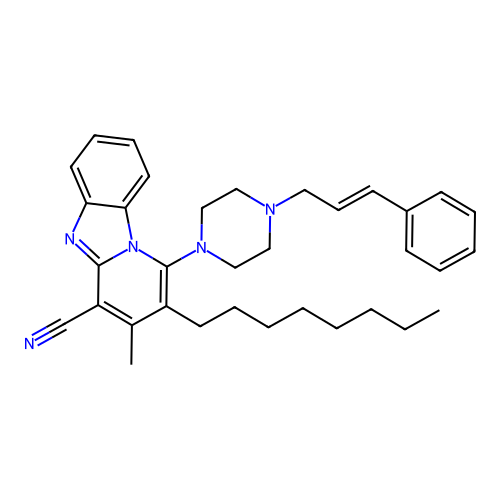 (E)-1-(4-cinnamylpiperazin-1-yl)-3-methyl-2-octylbenzo[4,5]imidazo[1,2-a]pyridine-4-carbonitrile structure