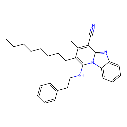 2-methyl-3-octyl-4-[(2-phenylethyl)amino]-5-hydropyridino[1,2-a]benzimidazolec arbonitrile structure