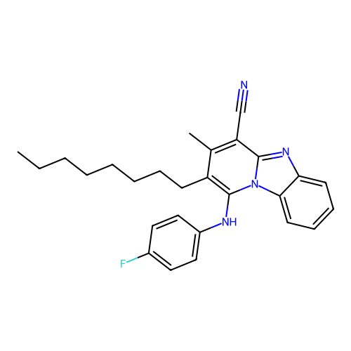 1-((4-fluorophenyl)amino)-3-methyl-2-octylbenzo[4,5]imidazo[1,2-a]pyridine-4-carbonitrile structure