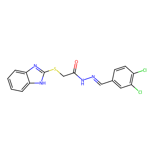 (E)-2-((1H-benzo[d]imidazol-2-yl)thio)-N'-(3,4-dichlorobenzylidene)acetohydrazide structure