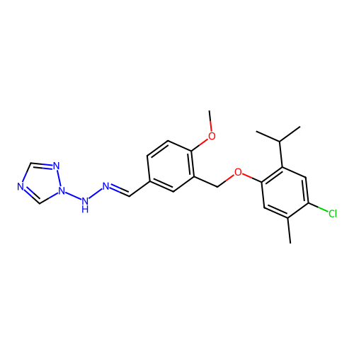 1-(2-(3-((4-chloro-2-isopropyl-5-methylphenoxy)methyl)-4-methoxybenzylidene)hydrazinyl)-1H-1,2,4-triazole structure