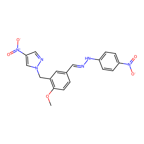 (E)-1-(2-methoxy-5-((2-(4-nitrophenyl)hydrazono)methyl)benzyl)-4-nitro-1H-pyrazole structure