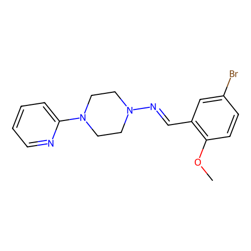 N-[(E)-(5-bromo-2-methoxyphenyl)methylidene]-4-(pyridin-2-yl)piperazin-1-amine structure
